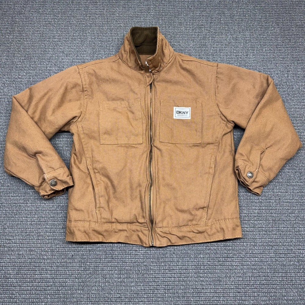 DKNY Kids Brown Canvas Workwear Jacket Full Zip Corduroy Collar Size 7
